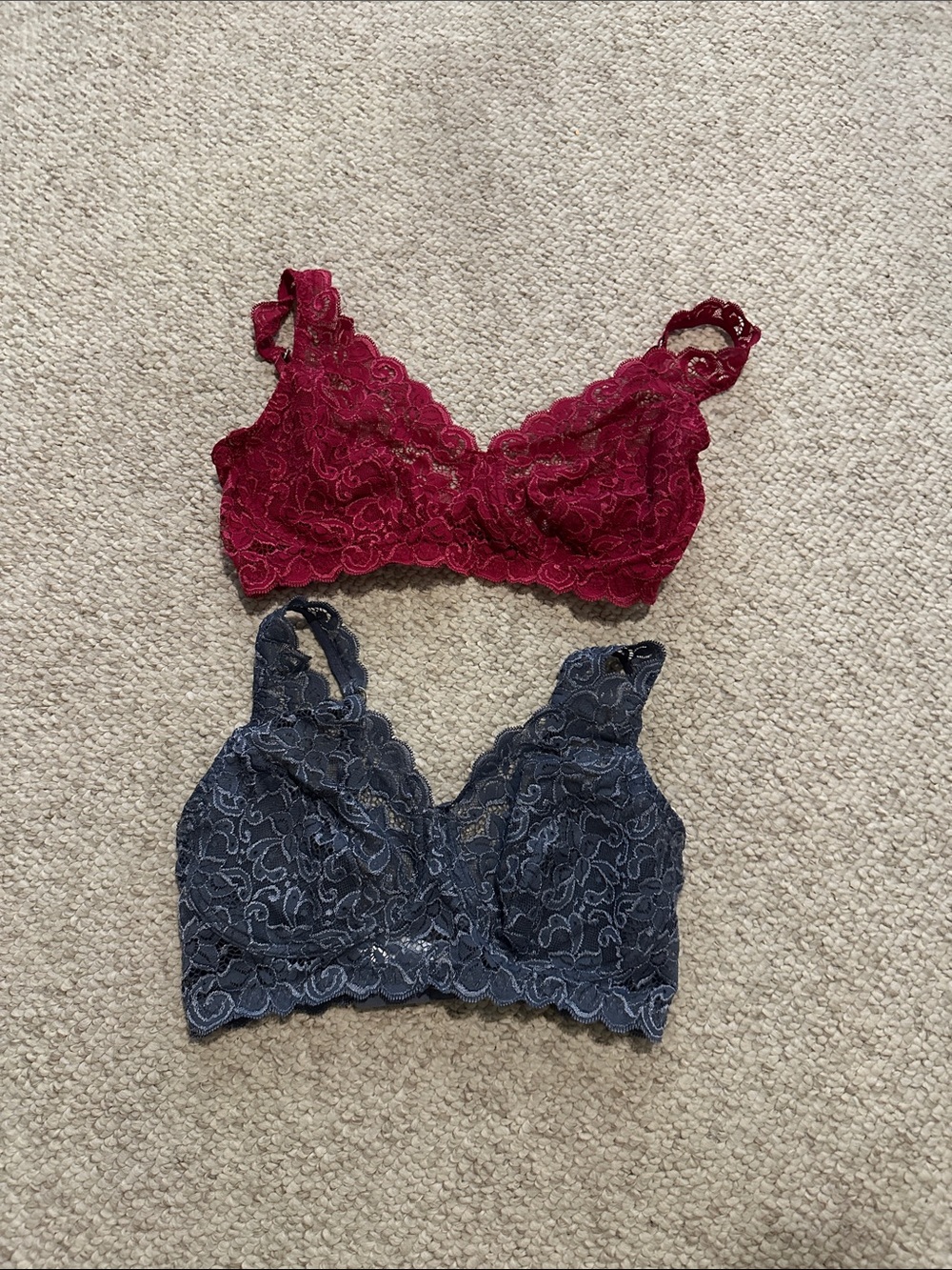 Two Hanro Lace Bralettes in Red and Blue